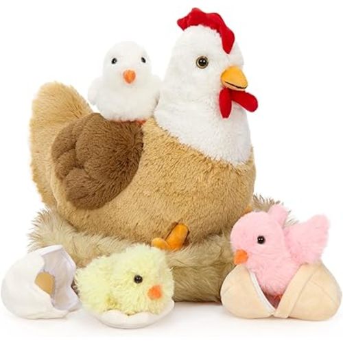 7Pcs Chicken Stuffed Animals, Stuffed Hen Plush with Baby Chicks & Eggs, Nest Hen Coop Plush Toy Set for Kids, Soft Stuffed Farm Animal Plushie for Birthday Christmas Easter Gift, 14"