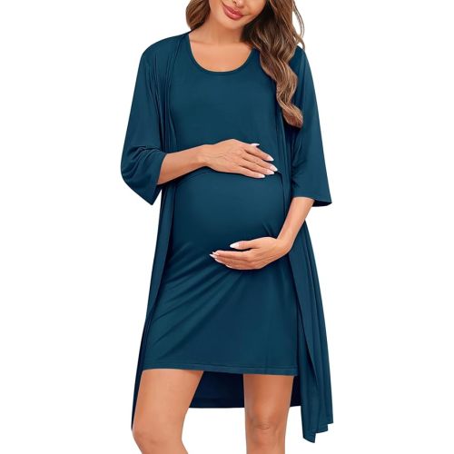 SWOMOG Women Maternity Nursing Gown and 3/4 Sleeve Robe Set Labor Delivery Nightgown Breastfeeding Hospital Bathrobe