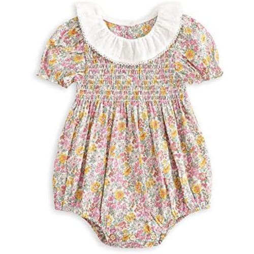 Curipeer Baby Girl Smocked Romper,Ruffle Collar Bubble Floral Outfit,3M-2T