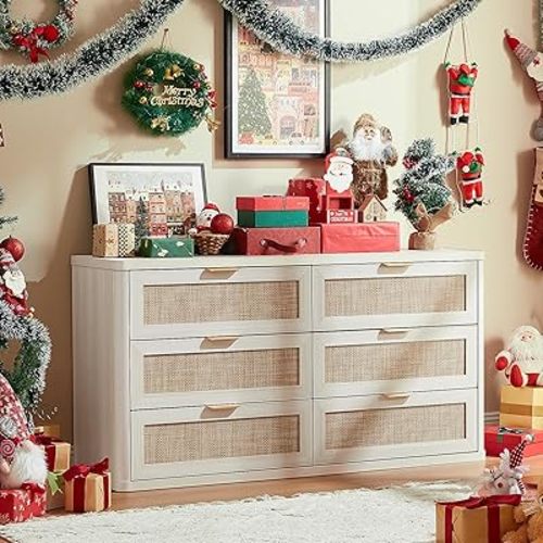 LEYAOYAO Boho Dresser for Bedroom, 6 Drawers Rattan 54" White Dressers Chest of Drawers, Dresser TV Stand, Dressers Closet Organizer for Living Room, Hallway