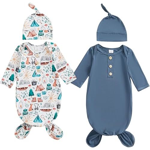 woshilaocai 2 Pack Baby Boy Girl Gown Sleeper Newborn Knotted Nightgown and Hat Set Infant Sleepwear