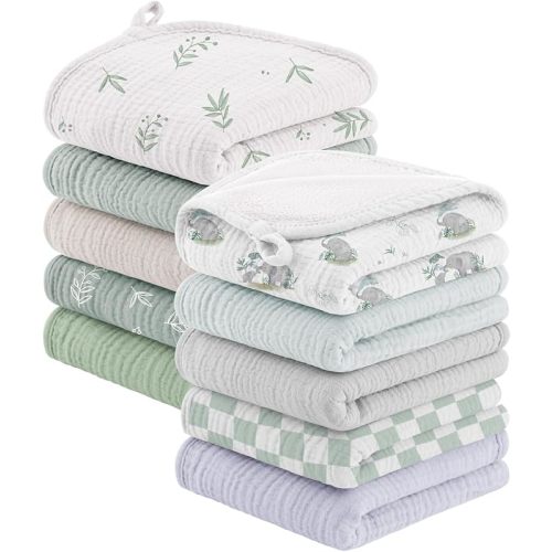 Bearmoss 10 Pack Muslin Burp Cloths, 20"×10" Absorbent Baby Burping Cloths | Soft Spit Up Rags for Unisex Boys and Girls, Newborn Essentials Large Extra Washcloths