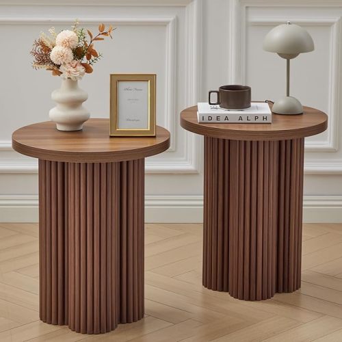 Small Sofa Side Table Set of 2, Fluted Accent Pedestal End Table, Wood Round Night Stand, Farmhouse Bed Side Table Drink Tables for Living Room, Small Spaces (Walnut-2PCS)