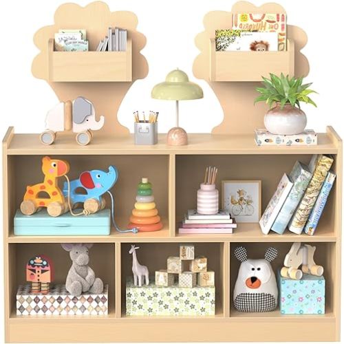 Acenova Montessori Toy Storage Shelf with 7 Compartments, Wooden Montessori Bookshelf and Toy Storage with Tree Design, Nursery Book Shelf for Kids, Classroom Furniture Shelves Organizer, Birch Wood