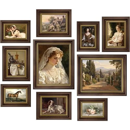 Vintage Picture Frames, 10 Pack Collage Frame Set, Multi Size 8x10 5x7 4x6, Plastic Gallery Wall Frames for Art Prints, Hanging or Tabletop Display, Brown