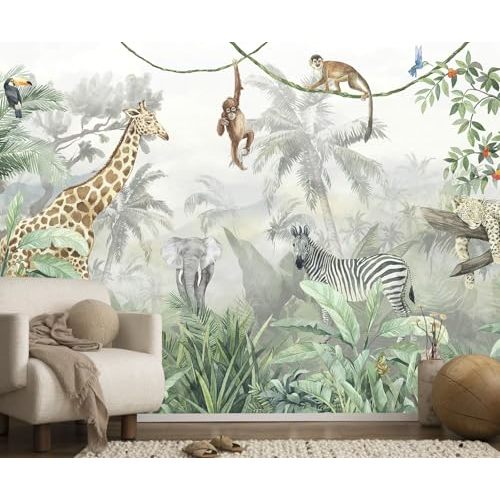 Toolhom Nursery Safari Wallpaper Kids Tropical Jungle Banana Leaf Wall Mural Animals Wall Decor for Boys Room Girls Room Bedroom Living Room(Not Self-Adhesive)