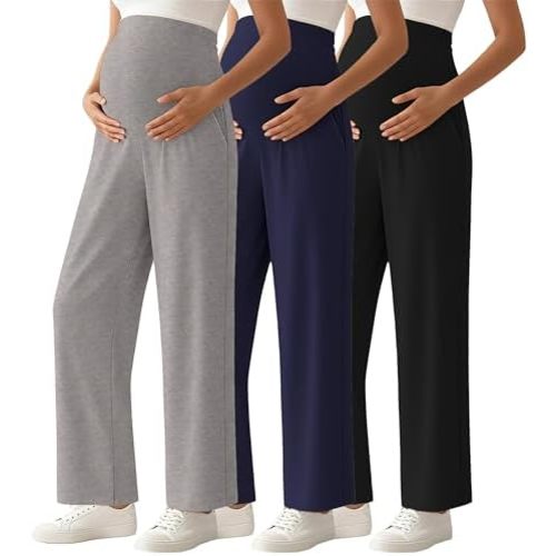 Ecavus 3-Pack Women's Maternity Pants Over Belly Soft Lounge Palazzo Pants Stretch Wide Leg Pregnancy Trousers with Pockets