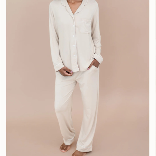 Bamboo Long-Sleeved Women's Pajama Set in Bisque with Cloud Trim – Kyte Living
