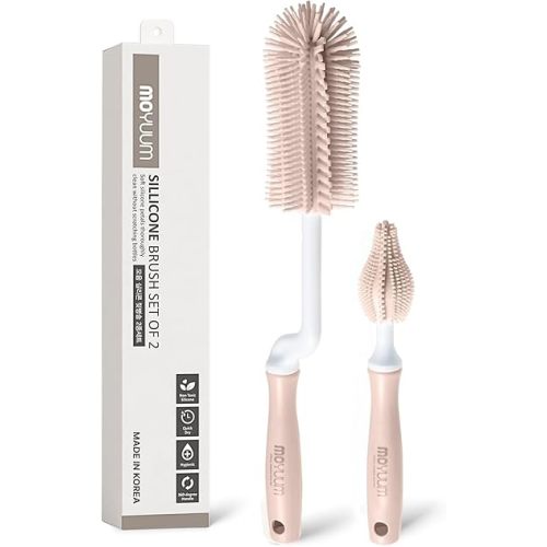 Moyuum Silicone Baby Bottle and Nipple Brush Set | Made in Korea, 360 Degree Rotating Handle, Soft Bristles, Hanging Hole for Quick Drying and Storage, Dishwasher Safe (Coral Beige)