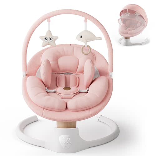 Baby Swings for Infants, FasonBaby Electric Baby Swing with 10 Preset Melodies, 5 Speeds, Remote Control and Bluetooth - Portable Infant Swing for Indoor and Outdoor(Pink)