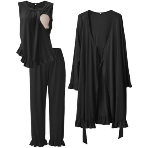 SUNNYBUY 3 PCS Ruffle Maternity Nursing Pajamas Set & Robe for Postpartum