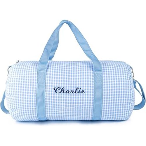 MT WORLD Kids Duffle Bag Personalized Toddler Weekender Duffle Bag with Name - Blue Checkered Toddler Travel Duffel with Removable Strap - Custom Child Gifts for Dance Ballet Baby Shower Birthday