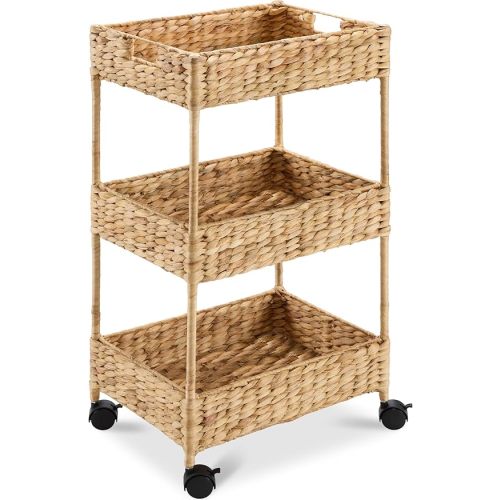 Best Choice Products 3-Tier Water Hyacinth Rolling Nursery Caddy w/Wheels, Utility Cart, Storage Organization for Bathroom, Craft Room, Laundry Room - Natural