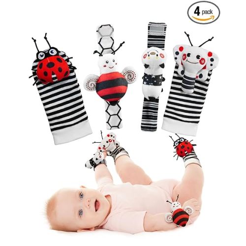 Infinno High Contrast Baby Toys Infant Rattle Socks and Wristband Set, Ideal Baby Sensery Toy Gifts for Newborn 0-12 Months, Perpect Black and White Toys for Boys and Girls As Baby Shower Gifts