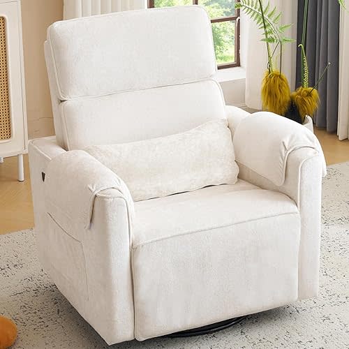 Oversized Power Recliner Chair Swivel Glider with Adjustable Headrest, 26" Extra Wide Glider Nursery Chair with Overstuffed Armrest, USB Ports, Chenille Fabric, Cream