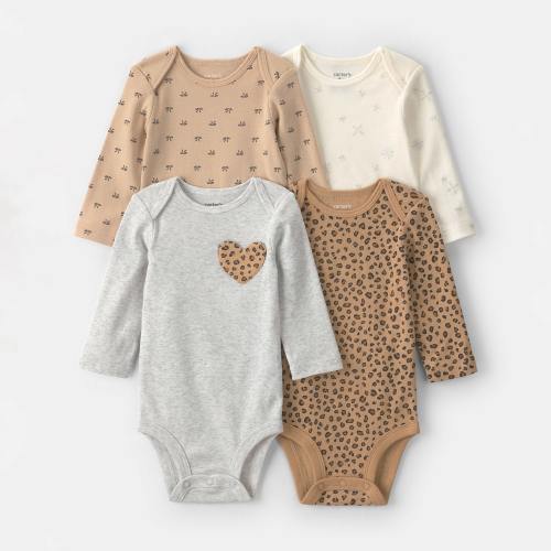 Carter's Baby Girls Crew Neck Long Sleeve 4-pc. Bodysuit, Color: Tan White Grey - JCPenney