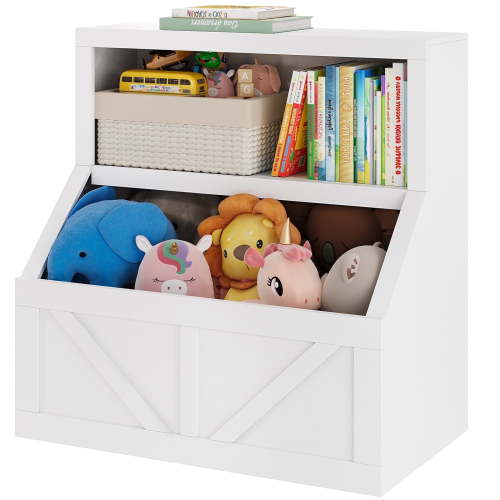 Garvee Bookshelf and Toy Storage, 2 Tier Wooden Bookcase with Large Storage Cubbies, Organizer Cabinet for Playroom, Nursery, Classroom, Bedroom, White