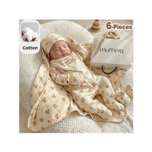 Loomiva 6pcs Newborn Baby Cute Brown Bear All-Over Print Footie Pajama Set | SHEIN USA