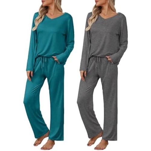 Ekouaer Womens 2 Pack Pajama Set Long Sleeve Pajamas Top and Pants V Neck Pjs Set Soft Loungewear with Pockets