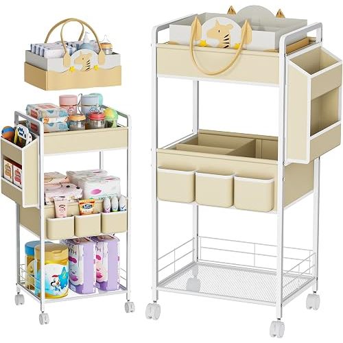 2In1 Baby Diaper Caddy & 3-Tier Rolling Diaper Cart, Diaper Caddy Organizer with Dividers & Pockets, Mobile Metal Utility Cart for Baby Essentials, Bedroom, Kitchen & Office