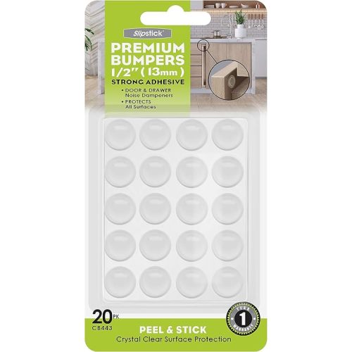 Slipstick Premium Cabinet Door Bumpers 1/2” Round Clear Adhesive Pads, Cabinet Stoppers, Rubber Bumpers for Drawers, Cupboards, Cutting Boards, Glass Tops, Picture Frames, Furniture, 20 Dampers