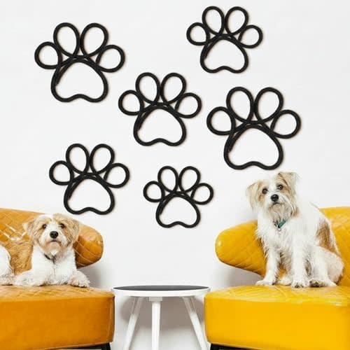 Barydat 6 Pcs Dog Room Decor Black Paw Puppy Woven Wall Hanging 3 Size Pet Wall Decor Nursery Decorations for Home Bathroom Bedroom Kitchen Dorm Art