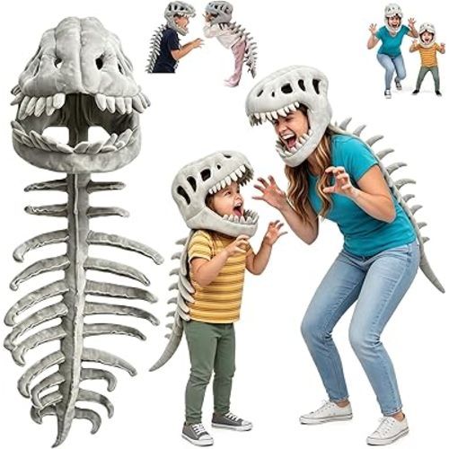 3D Dinosaur Skeleton Costume, Spinosaurus Skull Headpiece with Plush Spine, for Cosplay Dress-Up Party Photos