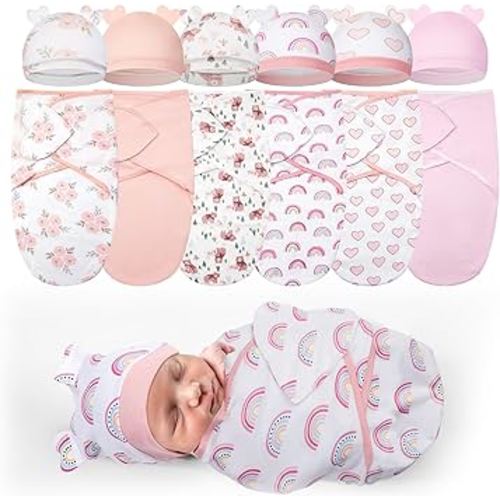 Ramede 6 Pack Preemie Swaddle Blanket with Hats Sleep Swaddle for Baby Boy Girl Preemie Newborn Sacks Soft Cotton Wearable(Heart,Pink)
