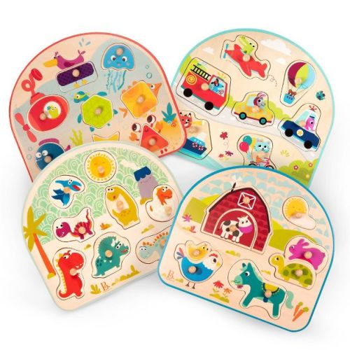 B. toys Wooden Puzzle 35pc Set - Peg Puzzles: Memory Skills, Problem Solving, Fine Motor Skills, Travel & Animals Theme