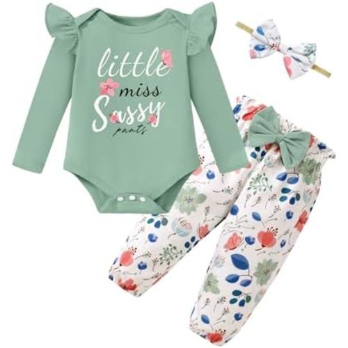 Baby Girl Clothes Newborn Infant Cotton Ruffle Romper+ Floral Pants + Headband Sets Fall Winter Outfits