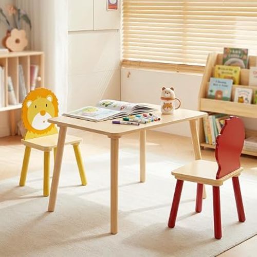 Kids Table and 2 Chairs, Wooden Stable Table and Chair Set (Lion&Monkey), Ideal for Arts & Crafts, Snack Time, Homeschooling, Homework & More