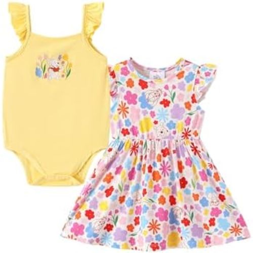 Disney Baby Girls Bodysuit and Round Neck Ruffle Sleeve Dress Clothes Outfit Set for Newborn to Infant