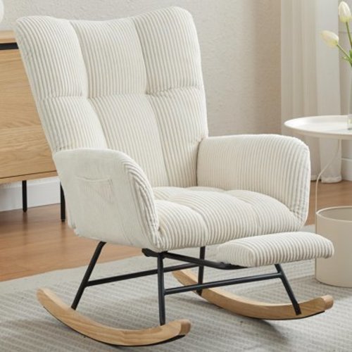 PAPROOS Rocking Nursery Chair with Footrest, Upholstered Glider Chair with High Backrest and Side Pocket, Fabric Rocker Accent Armchair for Nursery Bedroom Living Room, Beige