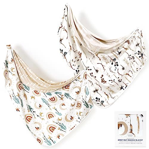 GRSSDER Baby Blankets Super Soft Jersey Knit Swaddle Blanket 2 Pack for Baby Girls and Boys, Double Layer Reversible Receiving Blankets 34 x 44 Extra Large for Swaddling, Rainbow & Beige