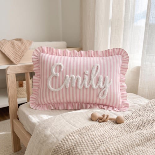 Custom Name Embroidered Pillow for Baby, Striped Ruffle Nursery Decor Cushion