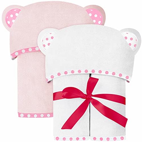 ELSVIN Set of 2 Hooded Baby Towels – White and Pink – Luxurious, Large and Super Absorbent – 30 x 30 Inch – Soft and Suitable for Infants, Toddlers and Kids – 400 GSM