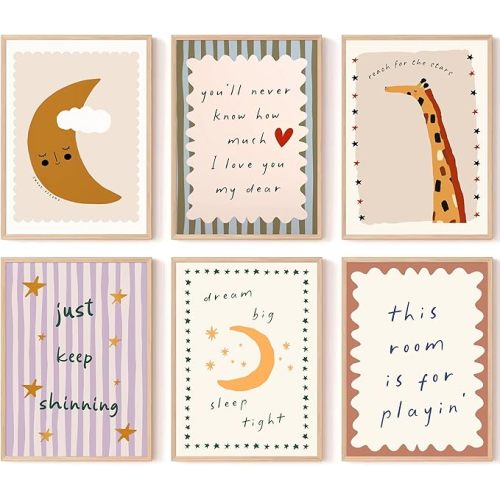6Pcs Nursery Kids Bedroom Canvas Wall Art Cute Positive Affirmations Wall Decor Animal Cartoon Pictures Inspirational Quotes Posters Prints for Boys Girls Toddler Room Playroom 8x10in Unframed