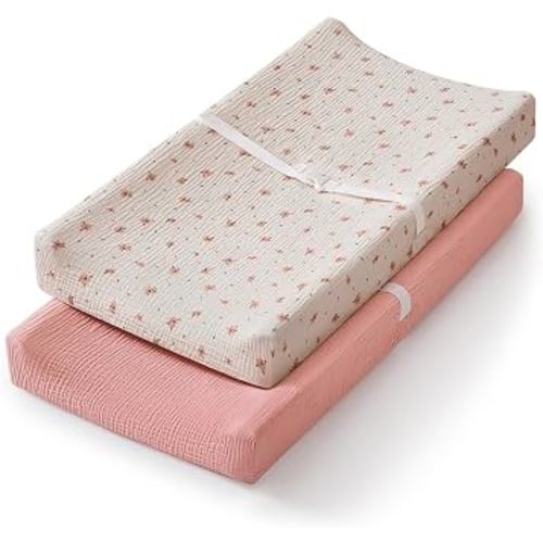 Amazon.com: Blissful Diary Muslin Changing Pad Cover for Baby Girls, Ultra Soft Breathable Cotton, Baby Diaper Change Table Pad Covers, 2Pack (Pink Floral & Light Pink) : Baby