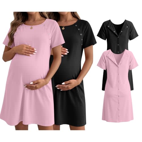 Huukeay 2 Pack Labor and Delivery Hospital Gown | Women Nursing Birthing Maternity Dress, 3 In1 Breastfeeding Nightgown, Buttons Short Sleeve Pjs Robe, Sleepwear
