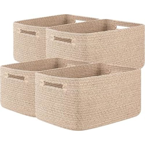 OIASKET 4Packs Natural Cotton Rope Storage Baskets for Organizing Toys, Clothes, Towels & Books, Soft Versatile Organizers for Shelves, Home Decorative Bins, 15.7''Lx11.8''Wx7.8''H, Brown