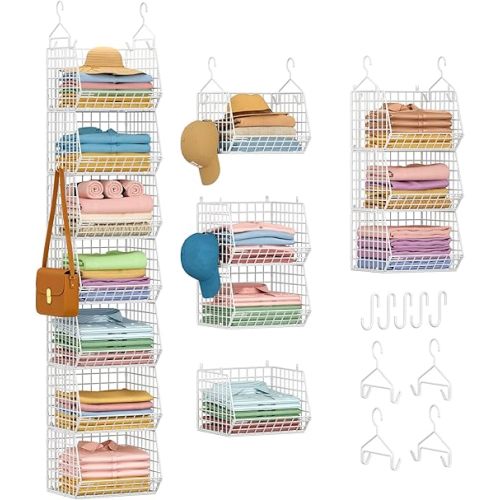 7 Tier Hanging Closet Organizer and Storage, Foldable Wire Closet Shelving with 4 Large Hooks+5 S Hooks,Hanging Basket for Clothes Sweaters Shoes Handbags,Wardrobe Kitchen Laundry Room-White