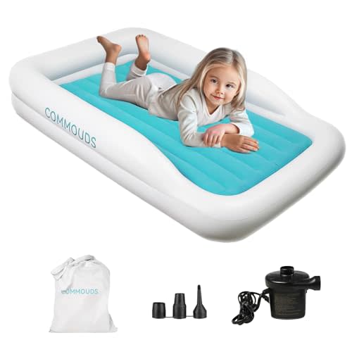 COMMOUDS Portable Toddler Travel Bed with Safety Bumpers, Inflatable Kids Air Mattress with Electric Pump, Baby Blow up Mattress, for Grandma's Home Camping Vacation