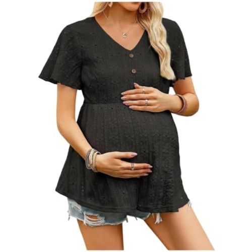 SHENHE Women's Maternity Peplum Tops Eyelet Floral Textured Flare Short Sleeve Button Loose Babydoll Pregnancy Tops