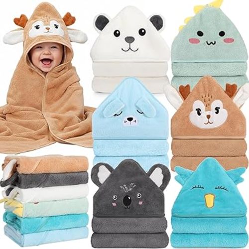 6 Pack Baby Hooded Towels Infants and Toddlers Coral Fleece Baby Bath Towels 31.5 x 31.5 Inch Absorbent Cute Soft Newborn Bath Essentials Gifts for Boys & Girls(Multicolor,Elegant)