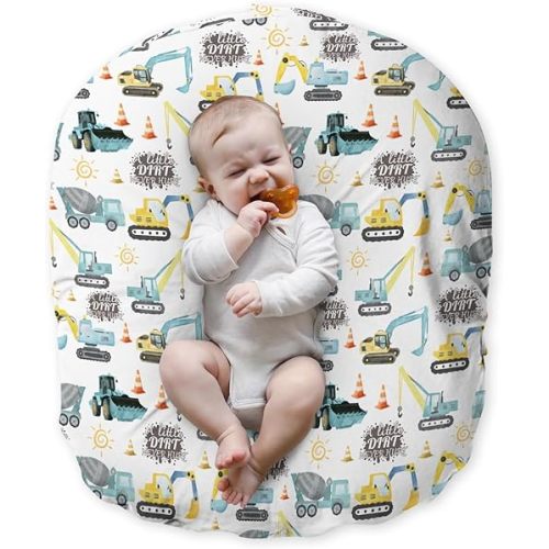 Newborn Lounger Pillow Cover Blue Yellow Construction Vehicles, A little Dirt Never Hurt Baby Boy Shower Gift Removable Slipcover Soft Snug Fit Infant Nursing Pillowcase (Lounger Not Included)