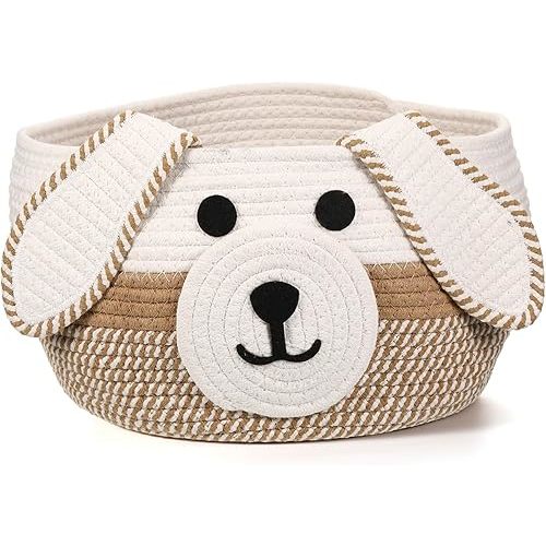 Zopeal Dog Woven Basket Cute Woven Cotton Rope Puppy Animal Storage Basket for Laundry Toy Gift(Khaki, White,13 x 8 Inch)
