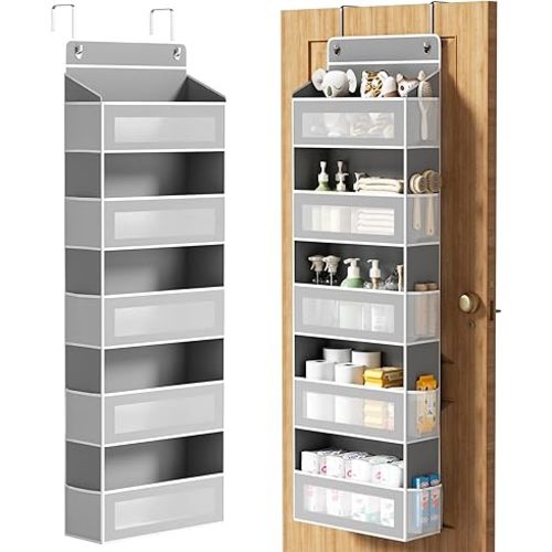 Over The Door Organizer, Over the Door Storage with 5 Large 10 Side Pockets, Hanging Door Organizer 44 lb Load Behind Door Storage, Hanging Shelf for Closet Wall Bedroom Bathroom Nursery, 5-Tier Grey