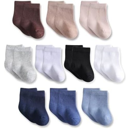 Baby Crew Socks, Cotton Rich Newborn Fit 0–3/3–6/6–12 Months, Black White Gray 10 Pack for Girls & Boys