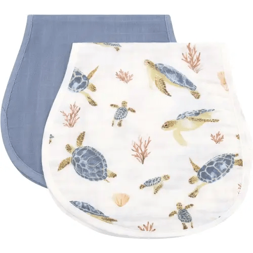 LifeTree Muslin Baby Burp Cloths - 2 Pack 70% Viscose from Bamboo and 30% Cotton Large 22'' by 10'' Absorbent Milk Spit Up Rags - Burping Cloths for Newborn, Girls Boys, Sea Turtle & Solid Blue