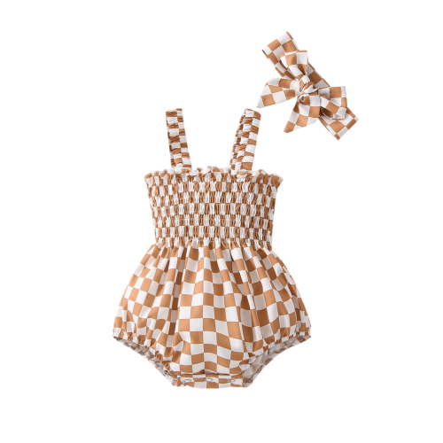 Baby Girls Sleeveless Romper and Bow Headband Set Flower/Plaid Pattern Bodysuit Infant Summer Clothing